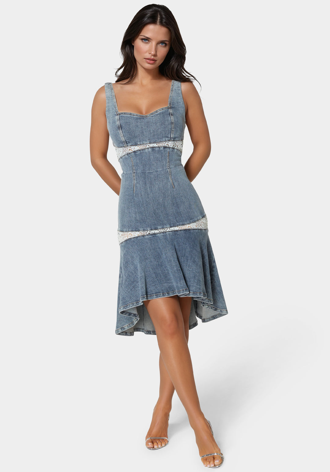 Lace Insert High Low Denim Dress bebe Lace Insert High Low Denim Dress bebe