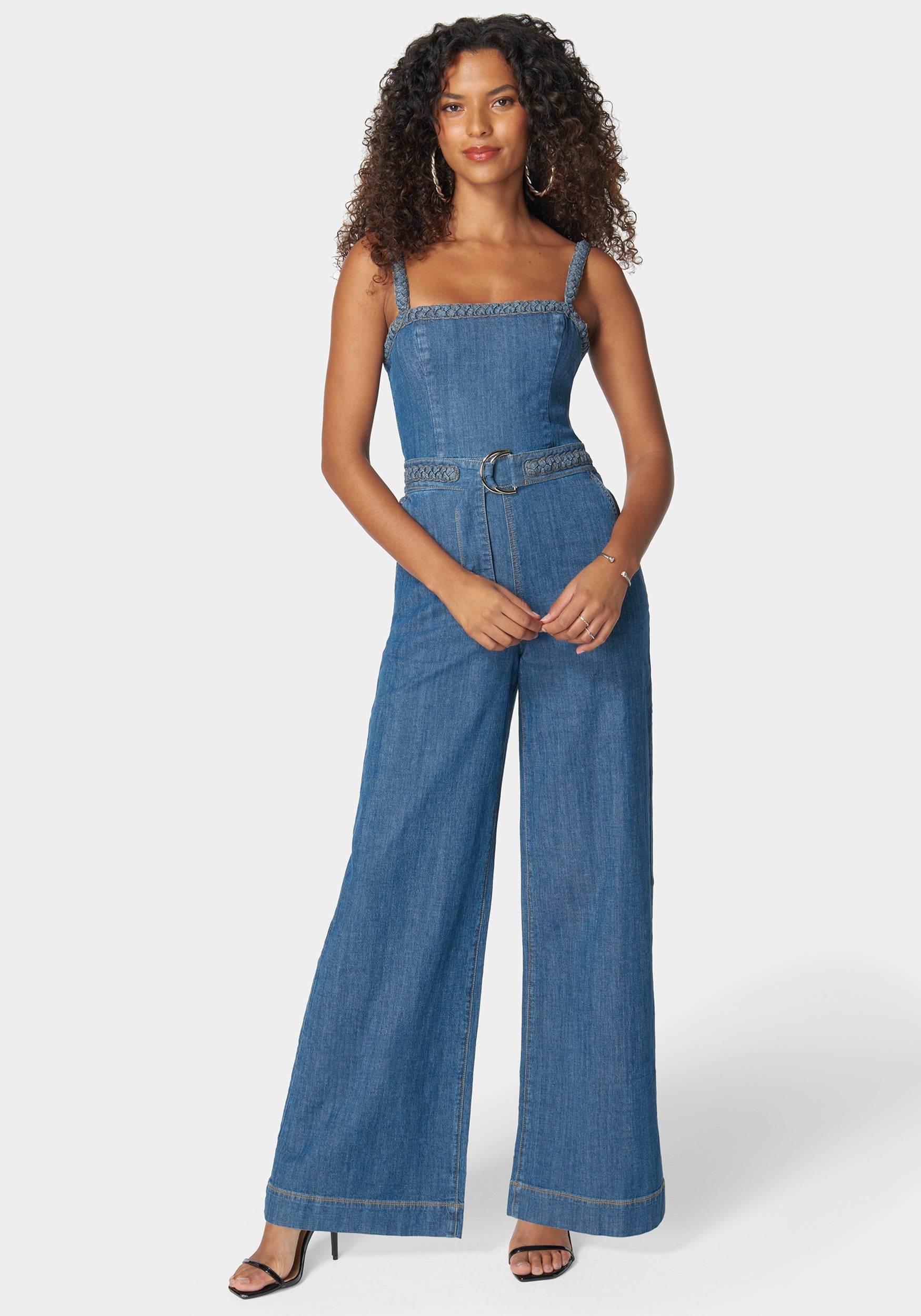 Oversized Stripe Tie Strap Detail Wide Leg Jumpsuit - FITS UP TO SIZE 3X (Tan Denim) main image 1