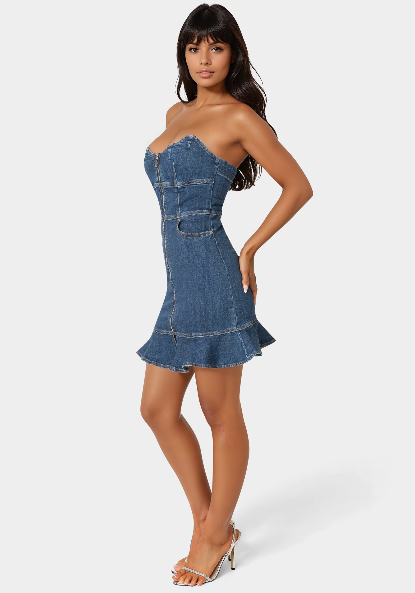 Side View-Scalloped Neckline Zip Up Denim Dress-True Blue Wash