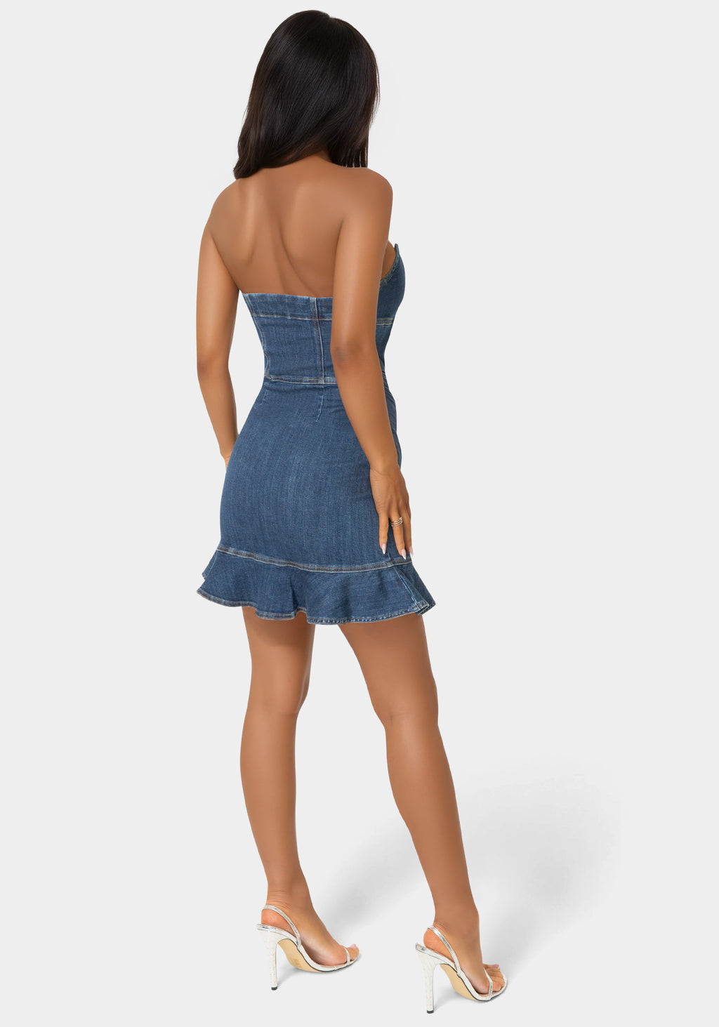 Back View-Scalloped Neckline Zip Up Denim Dress-True Blue Wash