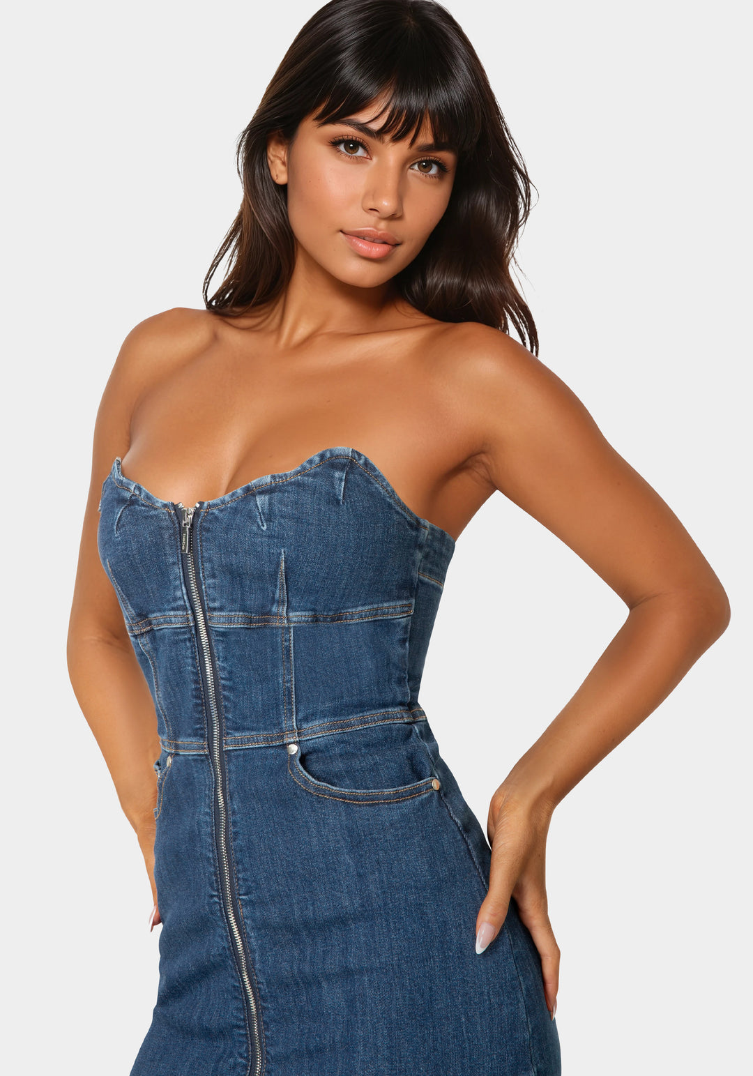 Scalloped Neckline Zip Up Denim Dress bebe Scalloped Neckline Zip Up Denim Dress bebe