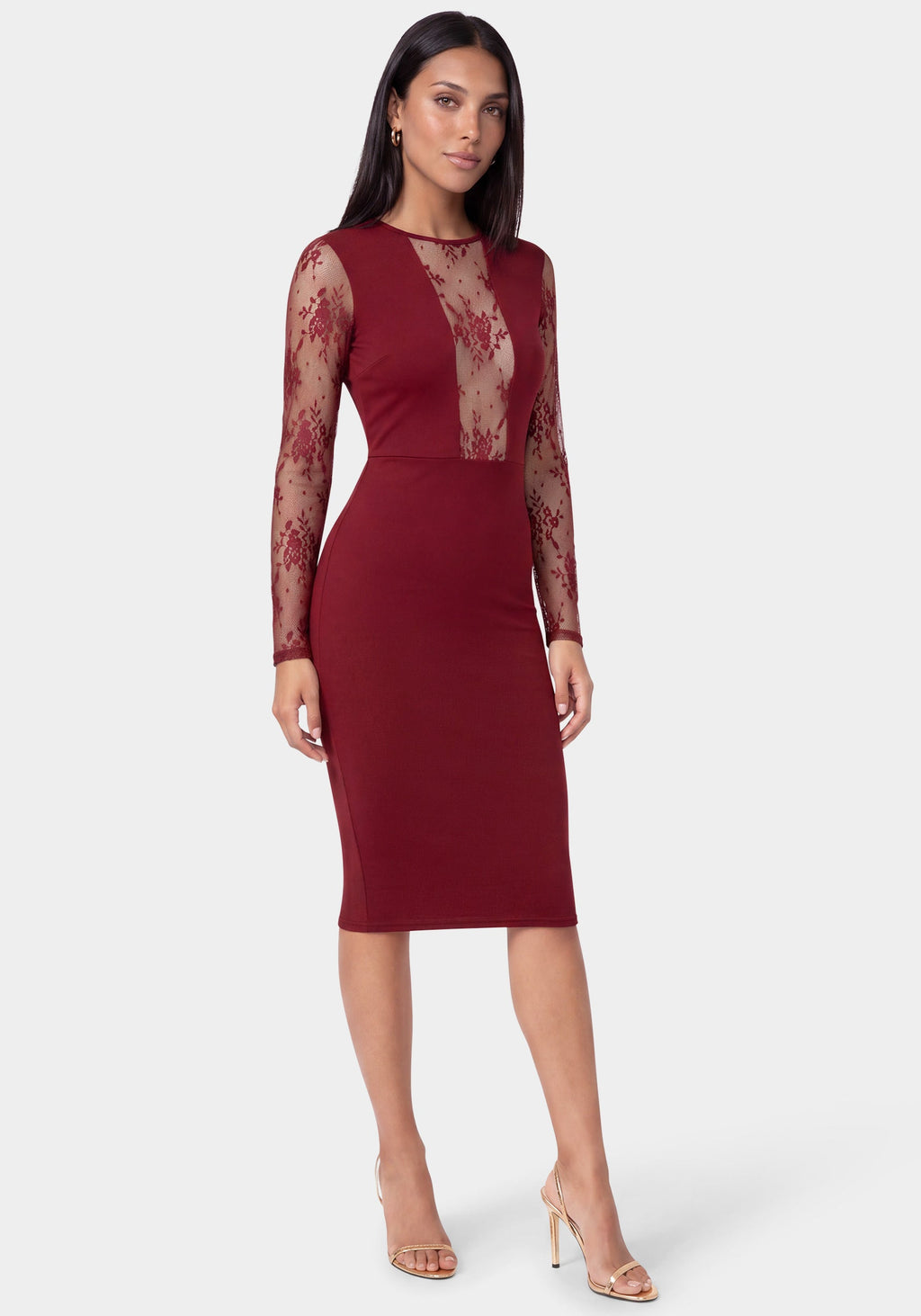 Front View-Lace Inset Midi Dress-Wine