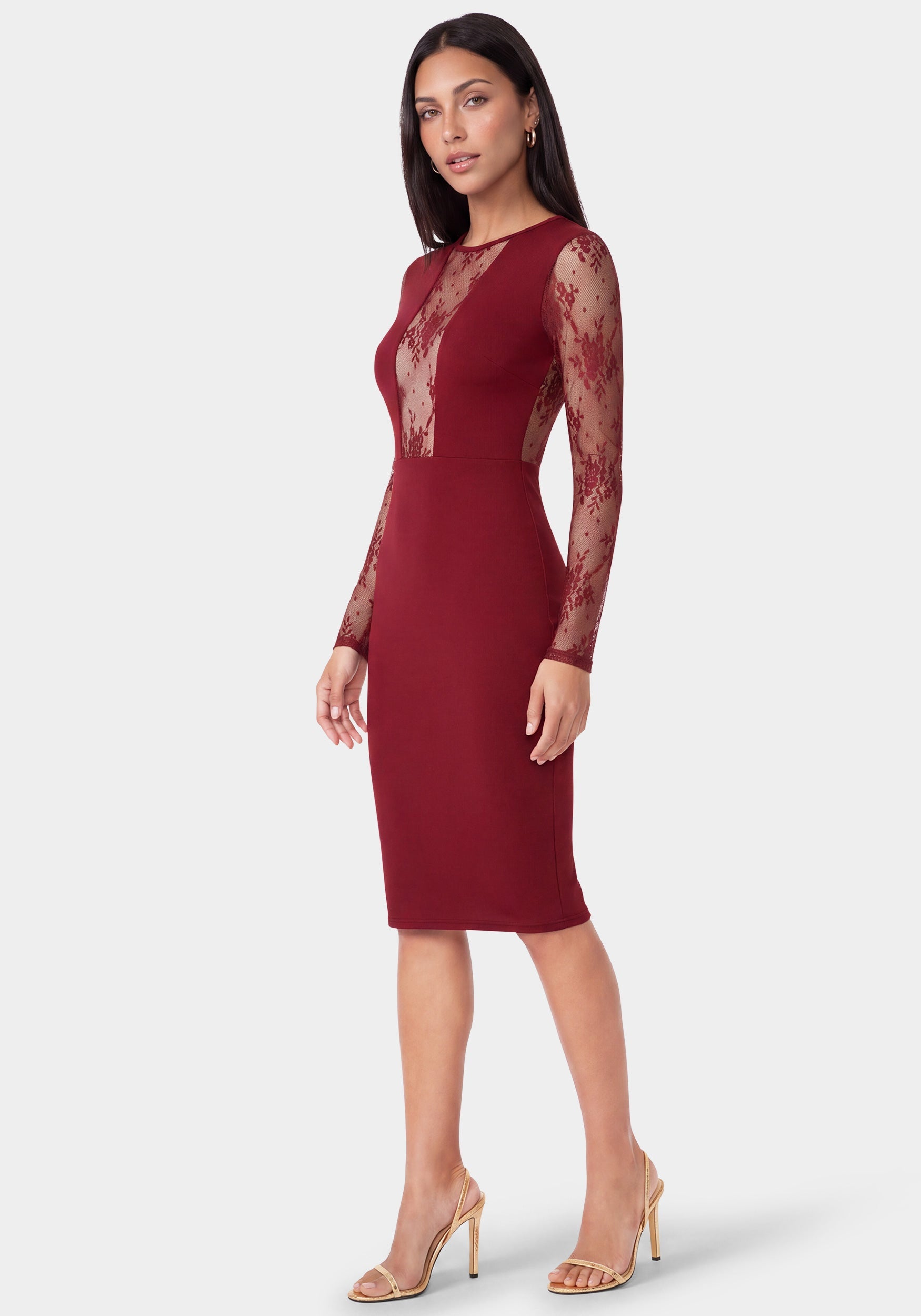 Side View-Lace Inset Midi Dress-Wine