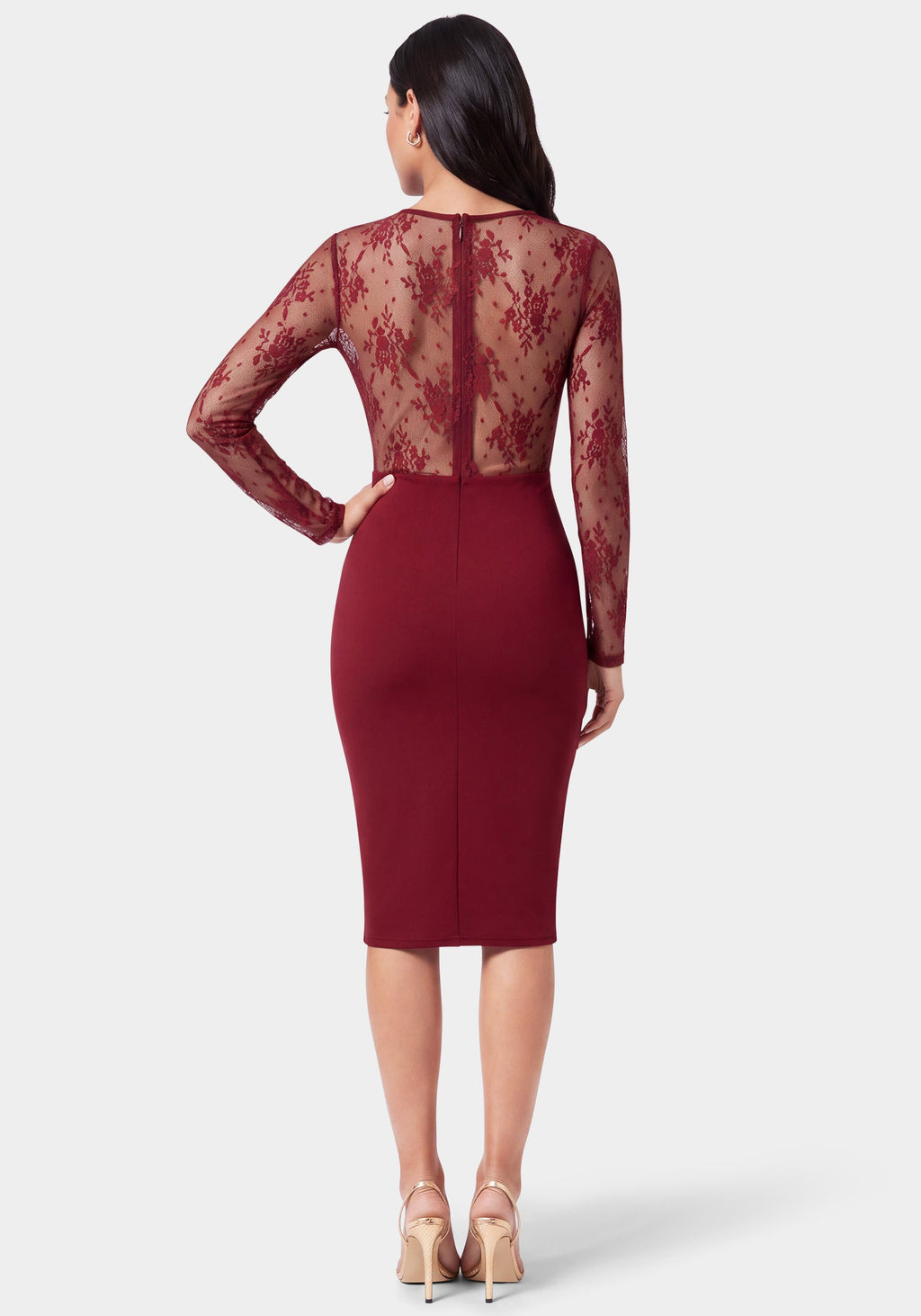 Back View-Lace Inset Midi Dress-Wine