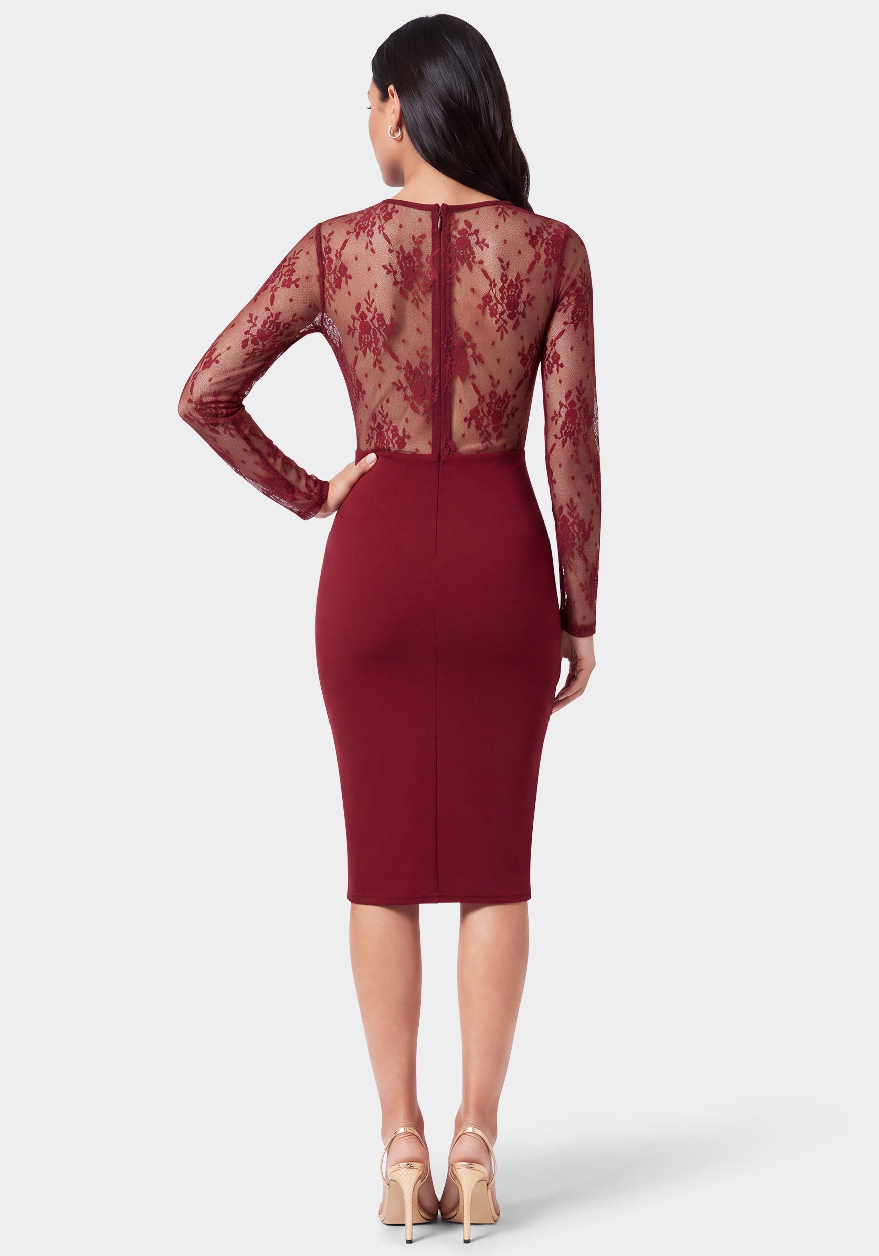 Back View-Lace Inset Midi Dress-Wine