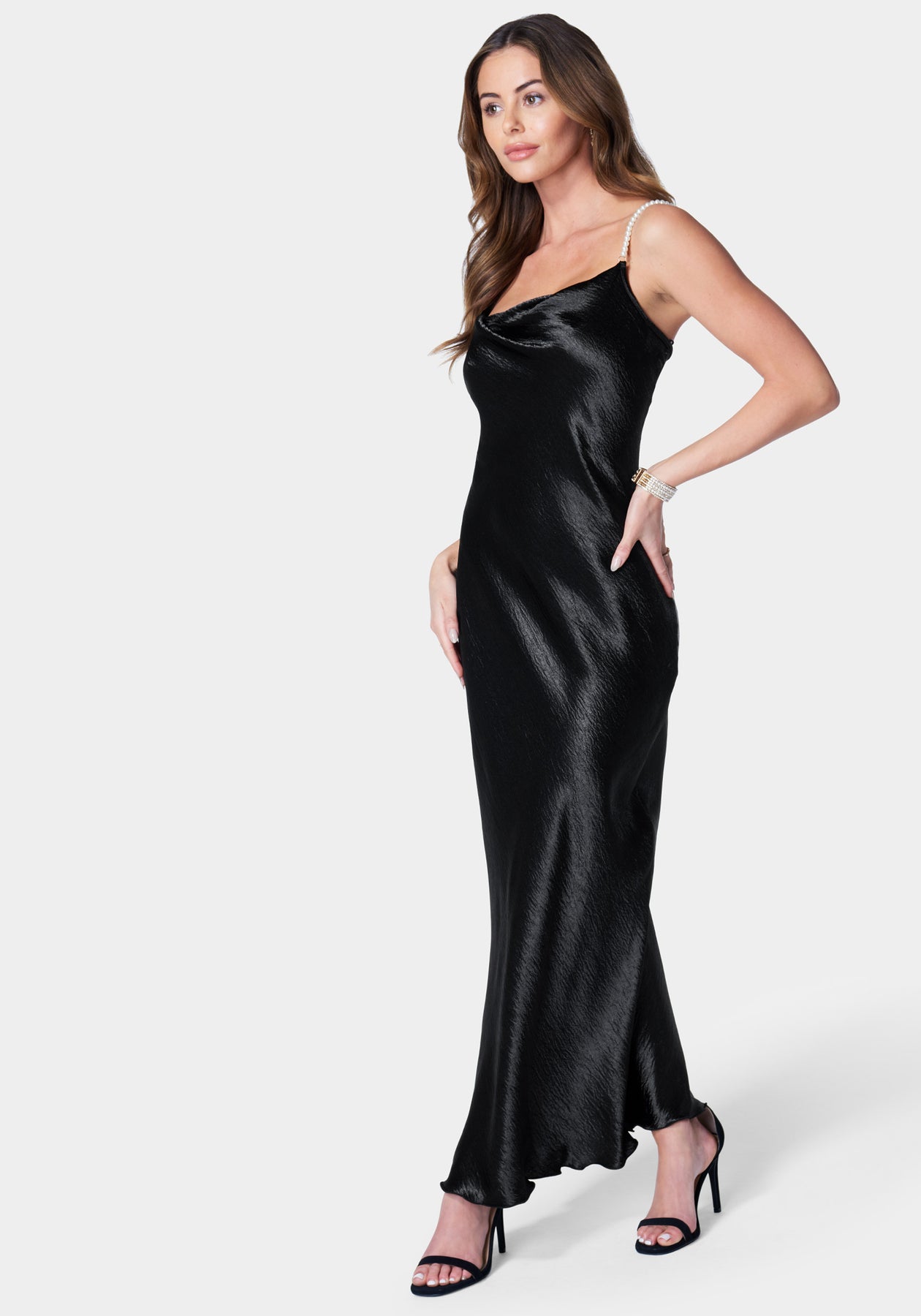 Hammered Satin Cowl Neck Pearl Strap Maxi Dress bebe Hammered Satin Cowl Neck Pearl Strap Maxi Dress bebe