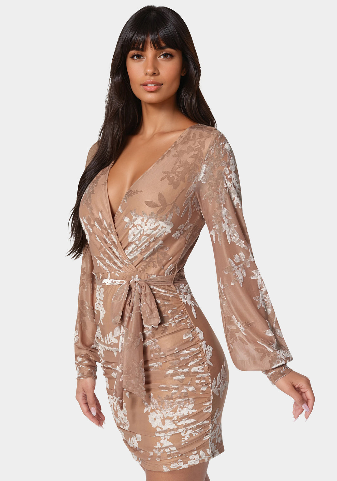 Side View-Surplice Burnout Mini Dress-Nude
