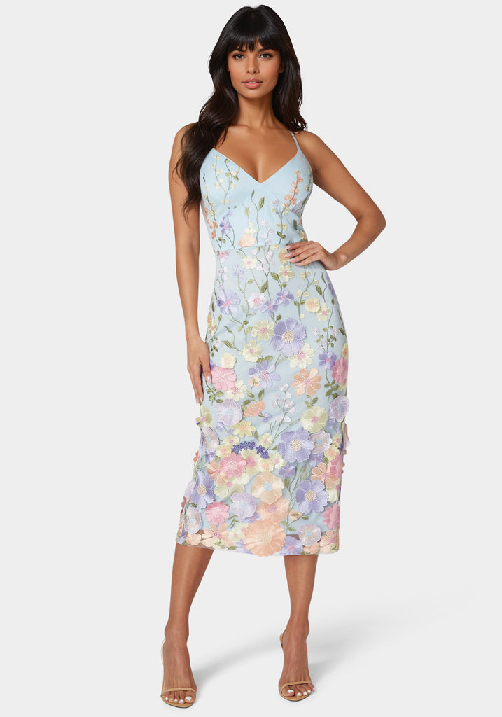 Bebe Women's Floral Embroidered Midi Dress, Blue, XS
