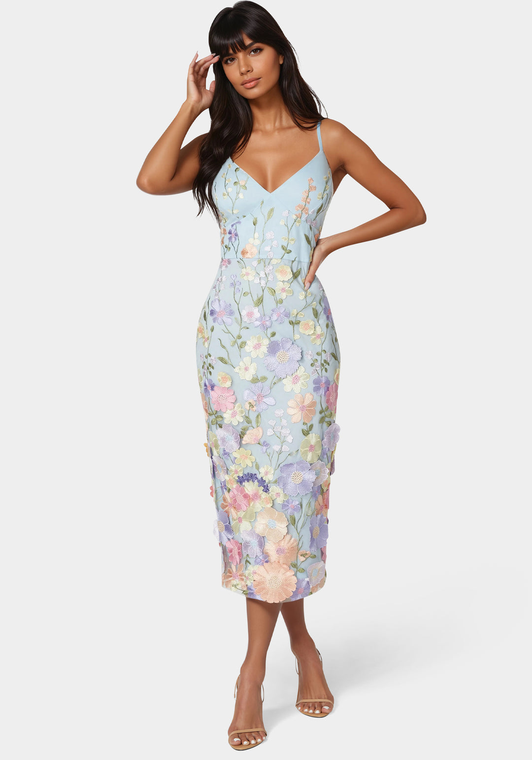 Bebe Women's Floral Embroidered Midi Dress - Blue Multi Bebe Women's Floral Embroidered Midi Dress - Blue Multi