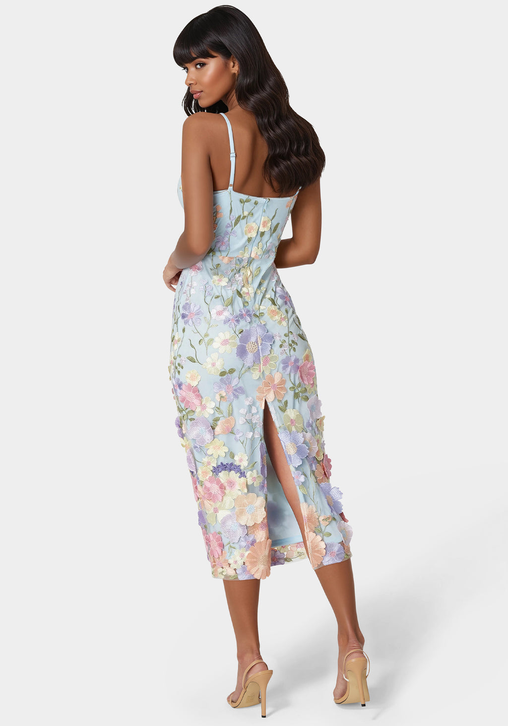 Back View-Floral Embroidered Midi Dress-Blue Multi
