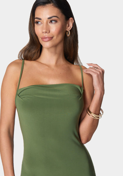 Cowl Neck Spaghetti Strap Slit Maxi | bebe Cowl Neck Spaghetti Strap Slit Maxi | bebe