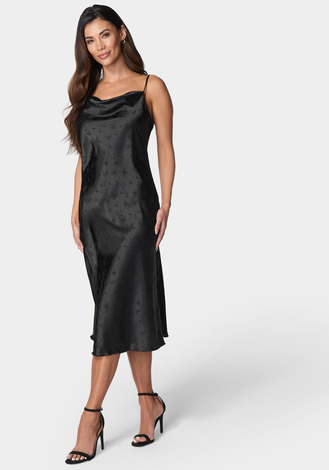 Cowl Neck Midi Satin Jacquard Dress bebe Cowl Neck Midi Satin Jacquard Dress bebe