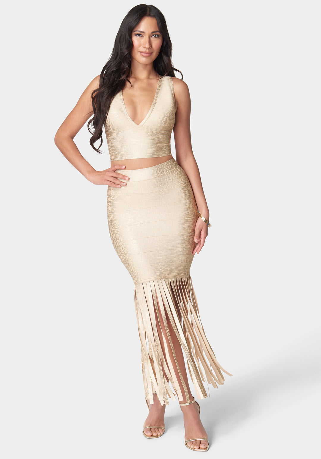 Bebe Women's 2Piece Maxi Bandage X-Back Set - Champagne Bebe Women's 2Piece Maxi Bandage X-Back Set - Champagne