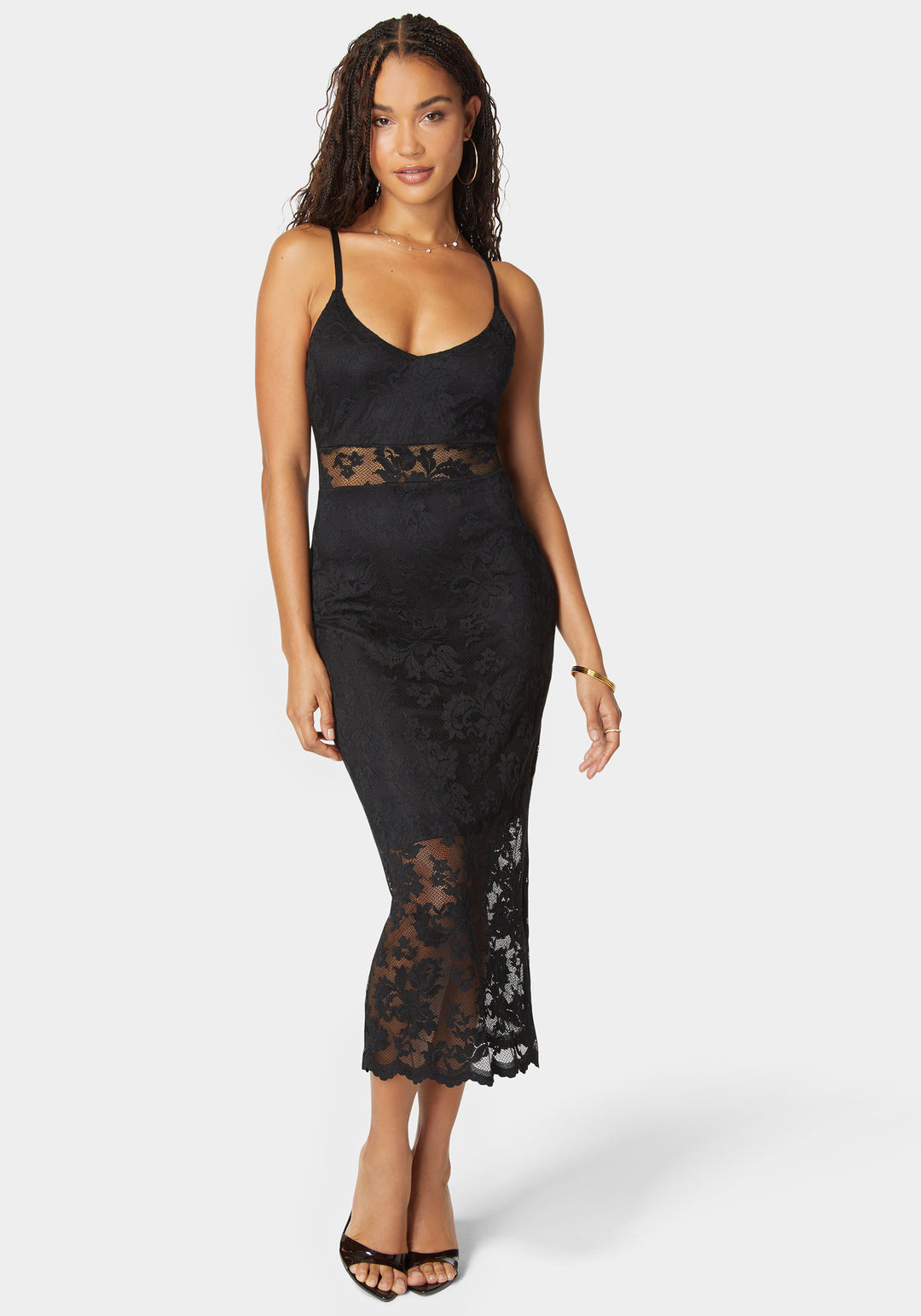 Marseille Lace V Neck Illusion Midi Dress bebe Marseille Lace V Neck Illusion Midi Dress bebe