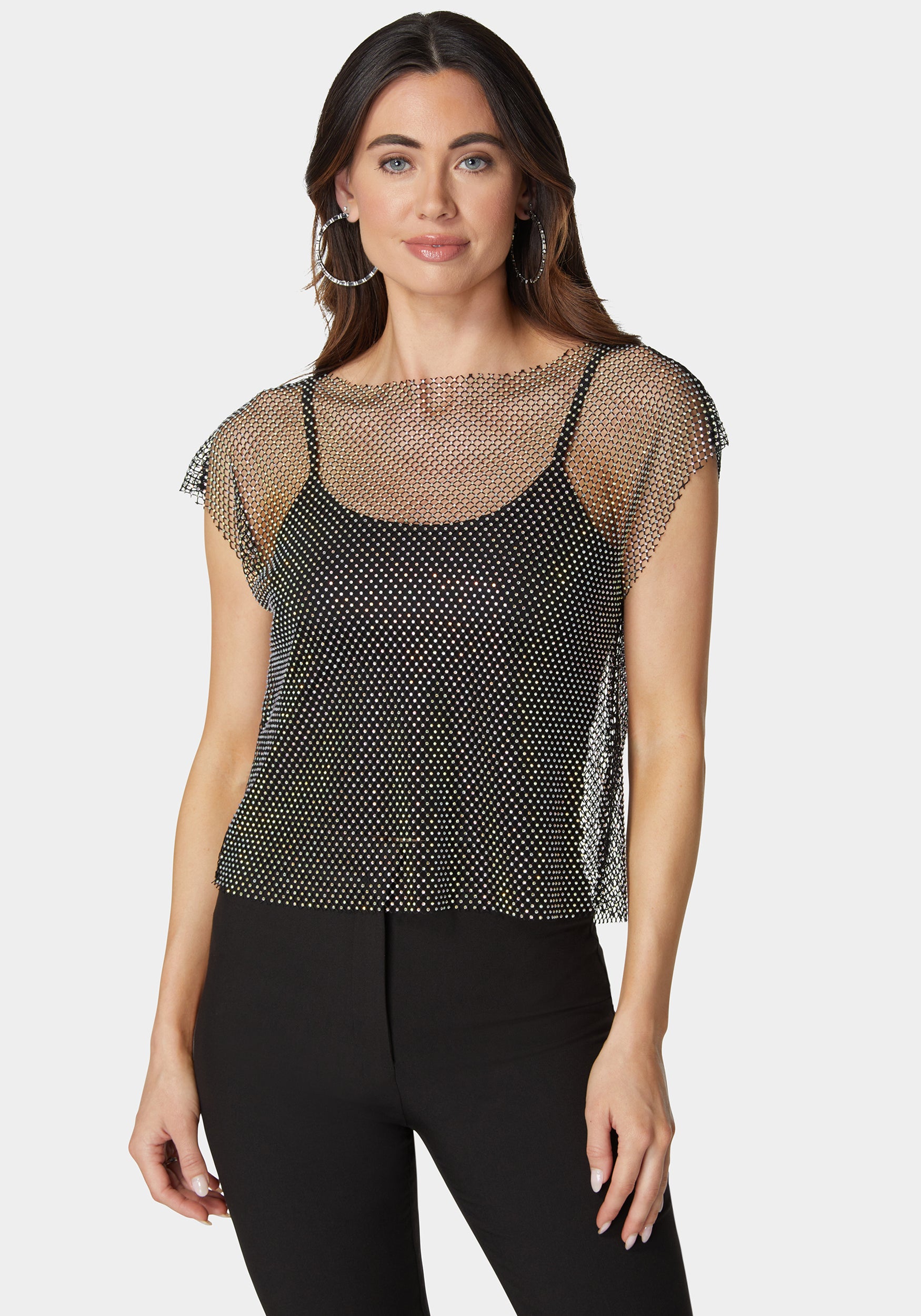 Rhinestone Fishnet Top With Knit Tank – bebe