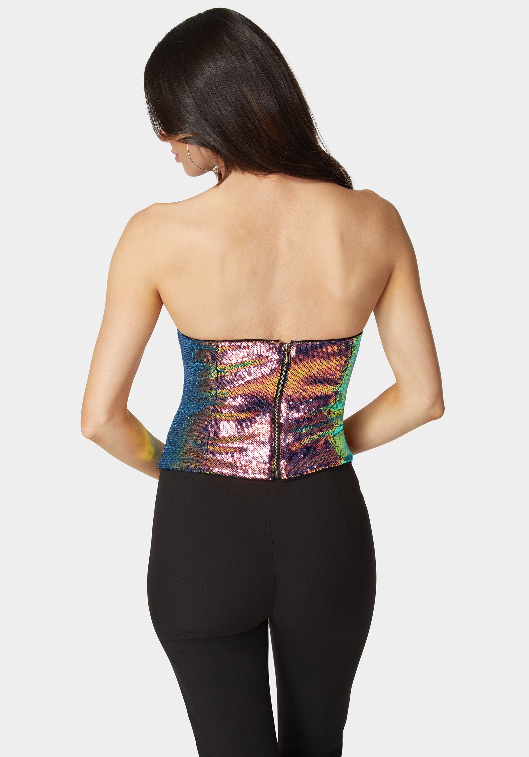 Strapless Scoop Neck Sequin Bustier Top – bebe