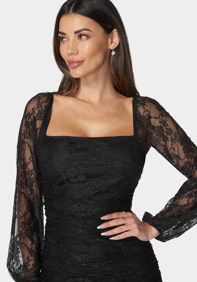 Lace Square Neck Ruch Dress