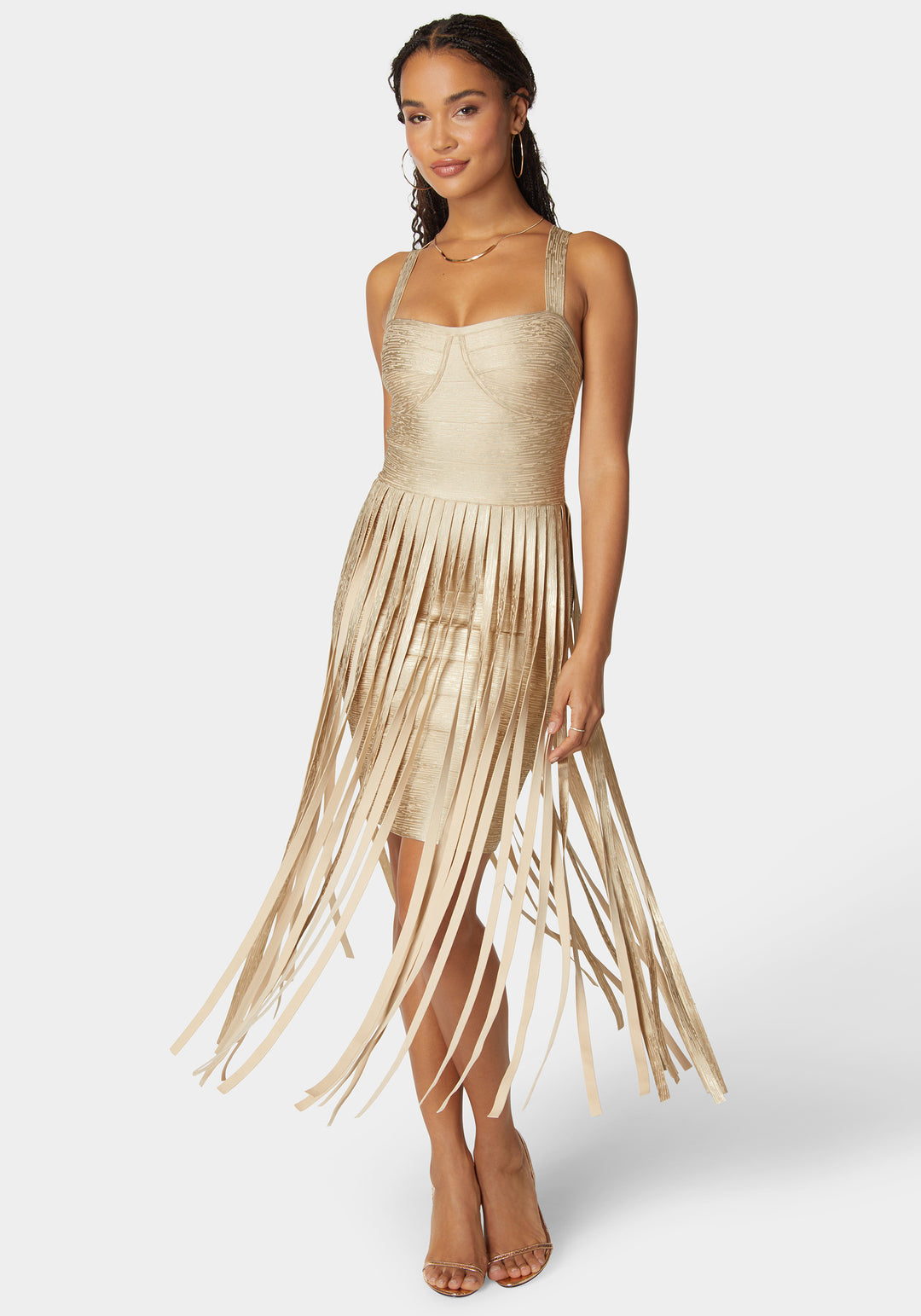 Bebe Women's Bandage Fringe Maxi Dress - Champagne Bebe Women's Bandage Fringe Maxi Dress - Champagne