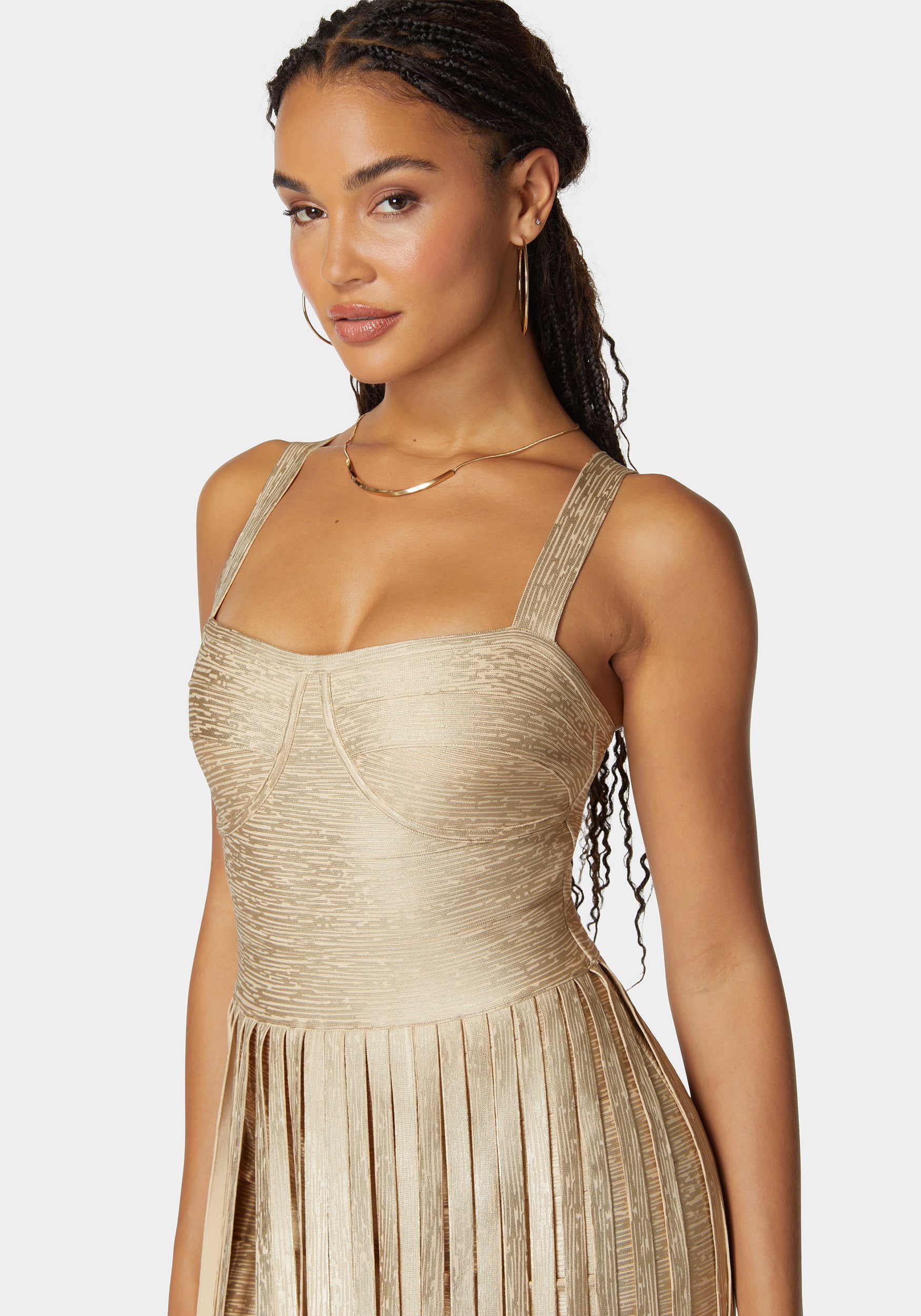 bebe gold fringe dress Bebe Women's Foiled Bandage Plunge Neck Midi Dress