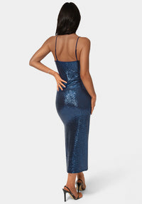 Back View-Disco Dot Maxi V Neck Gown-NAVY