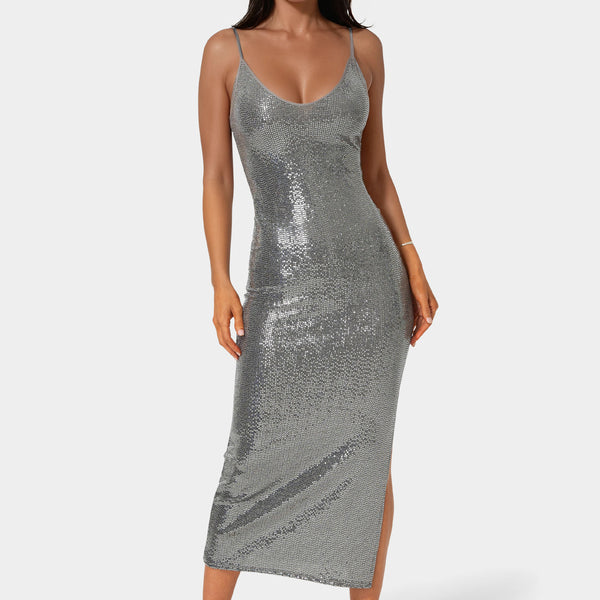 Front View-Disco Dot Maxi V Neck Gown-PEWTER