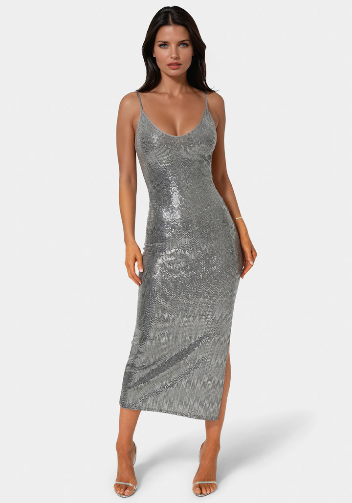 Front View-Disco Dot Maxi V Neck Gown-PEWTER