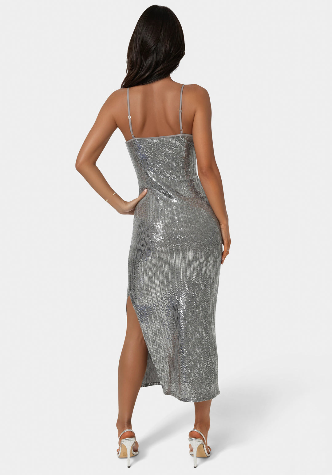 Back View-Disco Dot Maxi V Neck Gown-PEWTER