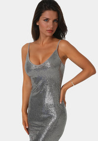 Other View-Disco Dot Maxi V Neck Gown-PEWTER