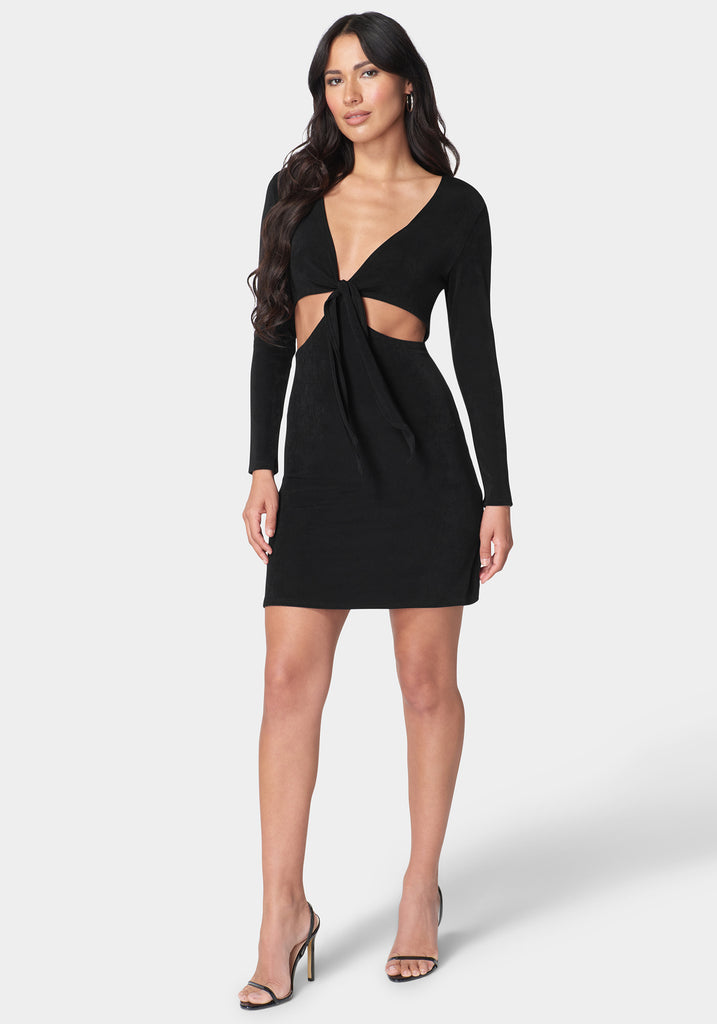 Long Sleeve Tie Front Slinky Dress – bebe