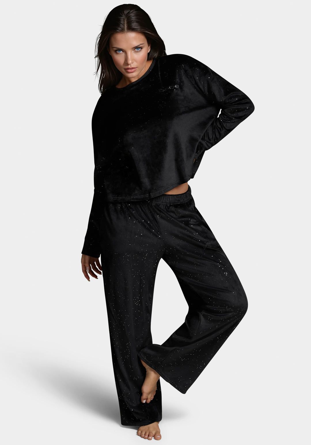 Front View-Velour Pant Set With Mirror Paper-Black Beauty