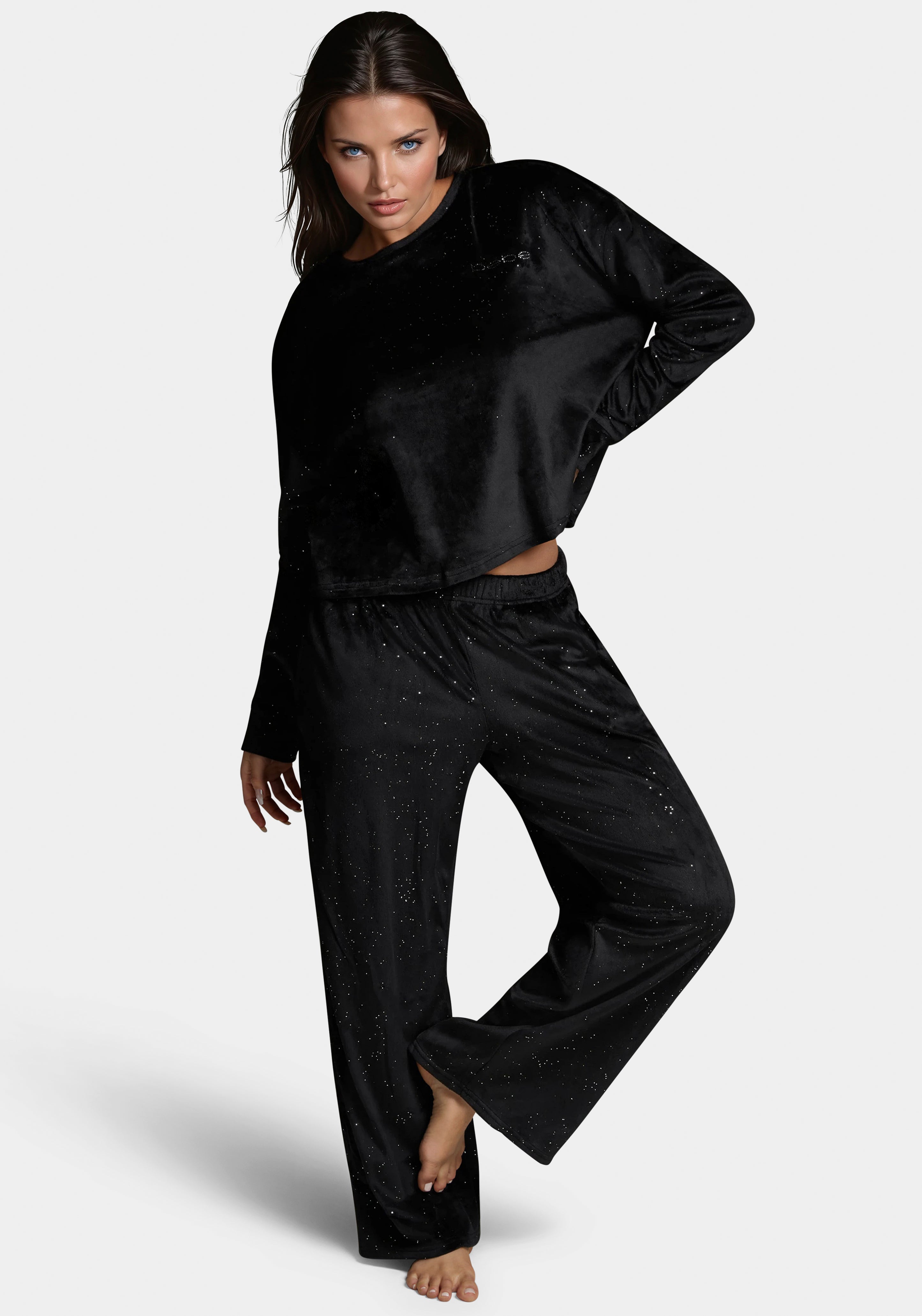 Front View-Velour Pant Set With Mirror Paper-Black Beauty