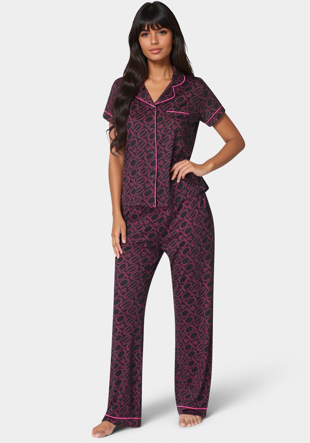 Front View-Printed Notch Collar Pant Set-Black
