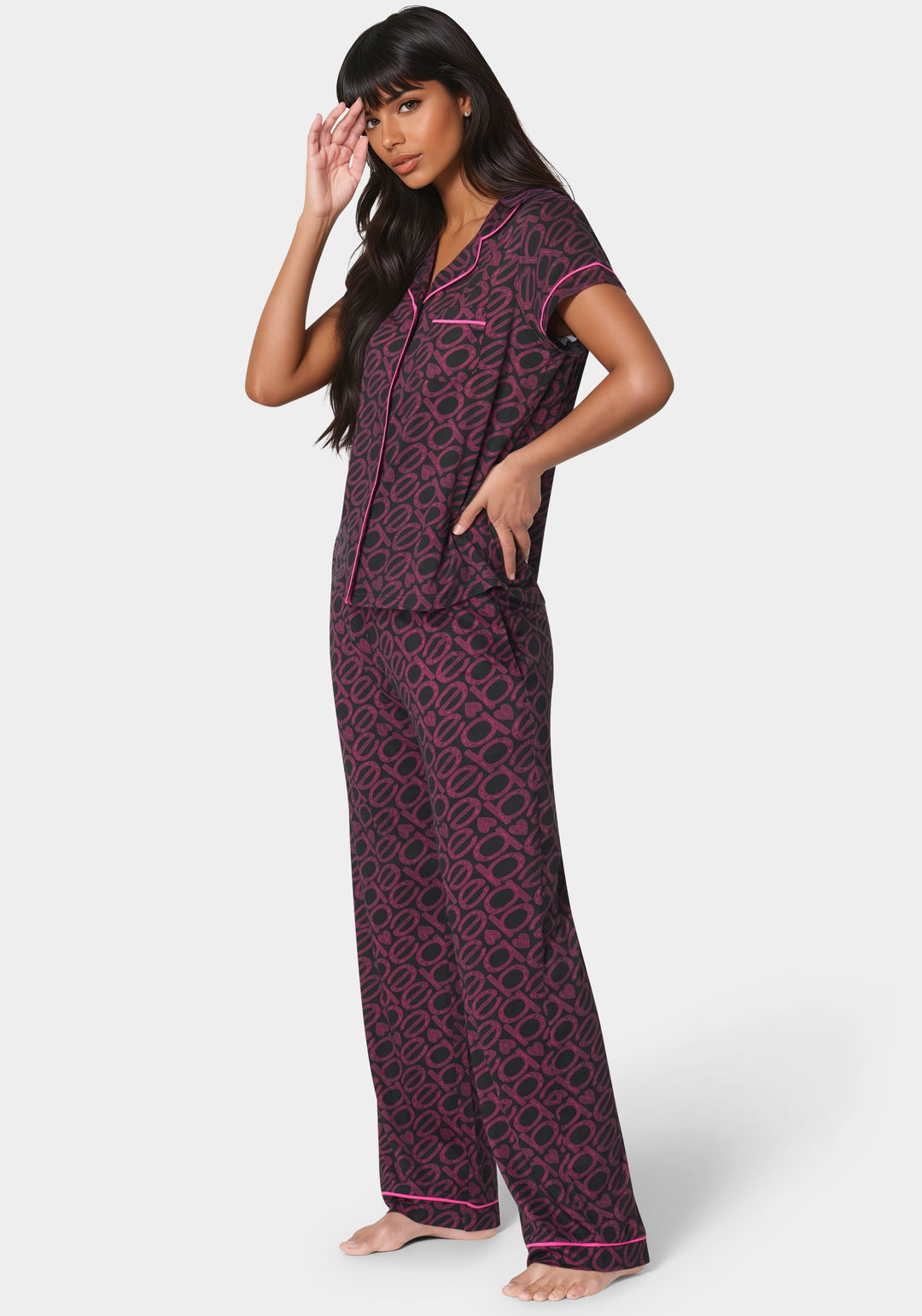 Side View-Printed Notch Collar Pant Set-Black