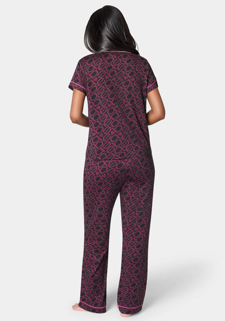 Back View-Printed Notch Collar Pant Set-Black