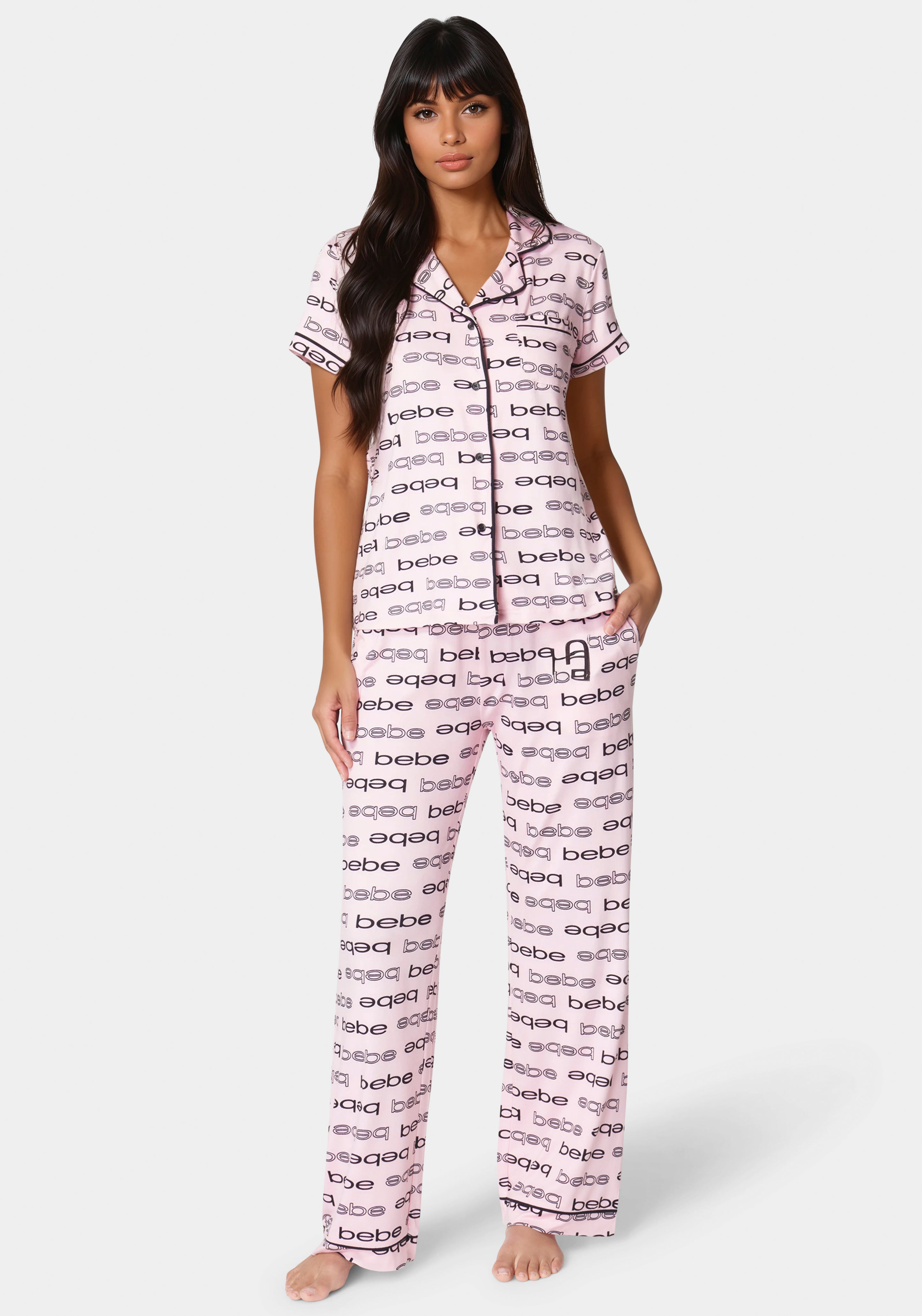 Front View-Printed Notch Collar Pant Set-Blush