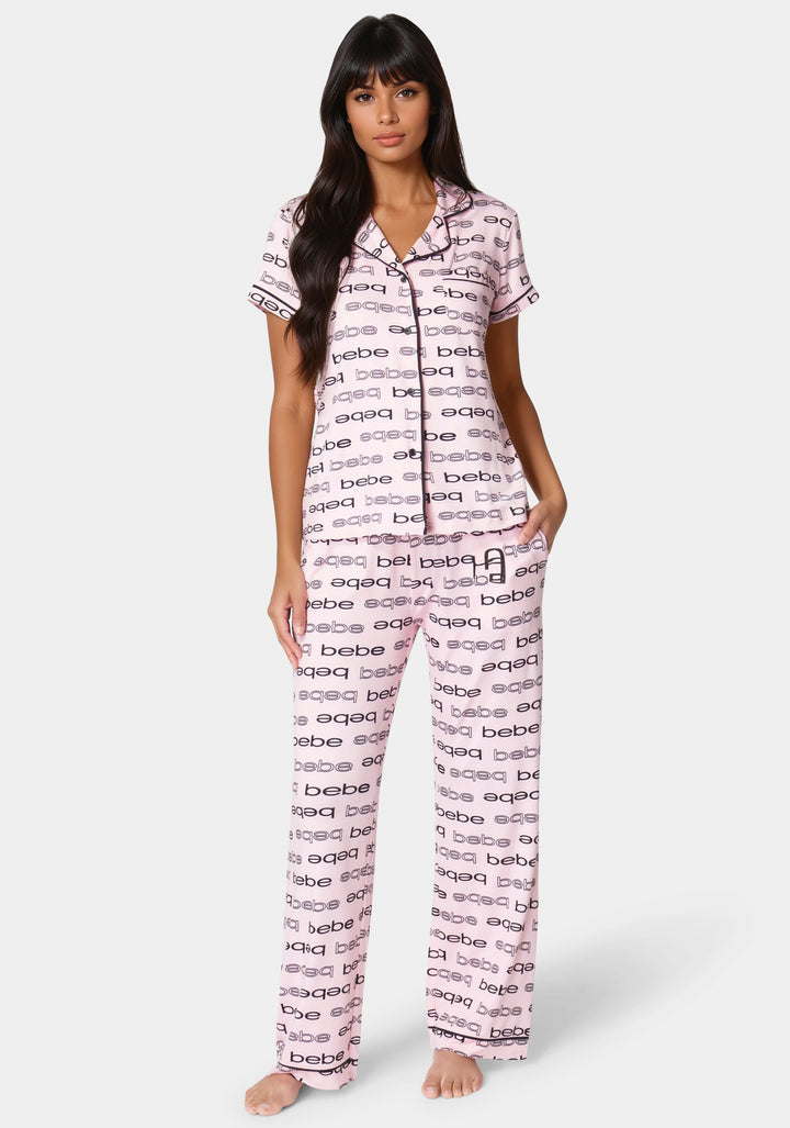 Front View-Printed Notch Collar Pant Set-Blush