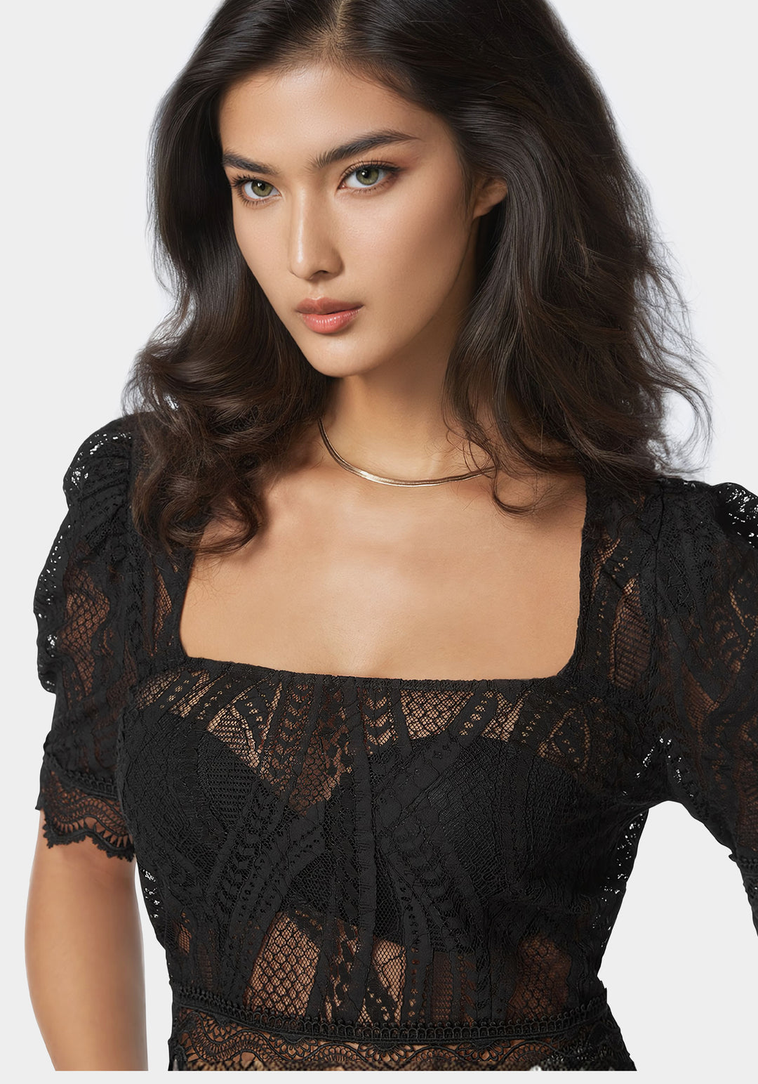 Scallop Hem Lace Trapeze Neck Top bebe Scallop Hem Lace Trapeze Neck Top bebe