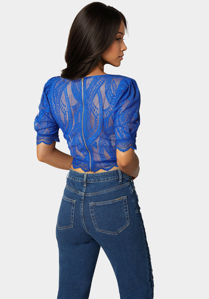 Scallop Hem Lace Trapeze Neck Top | bebe