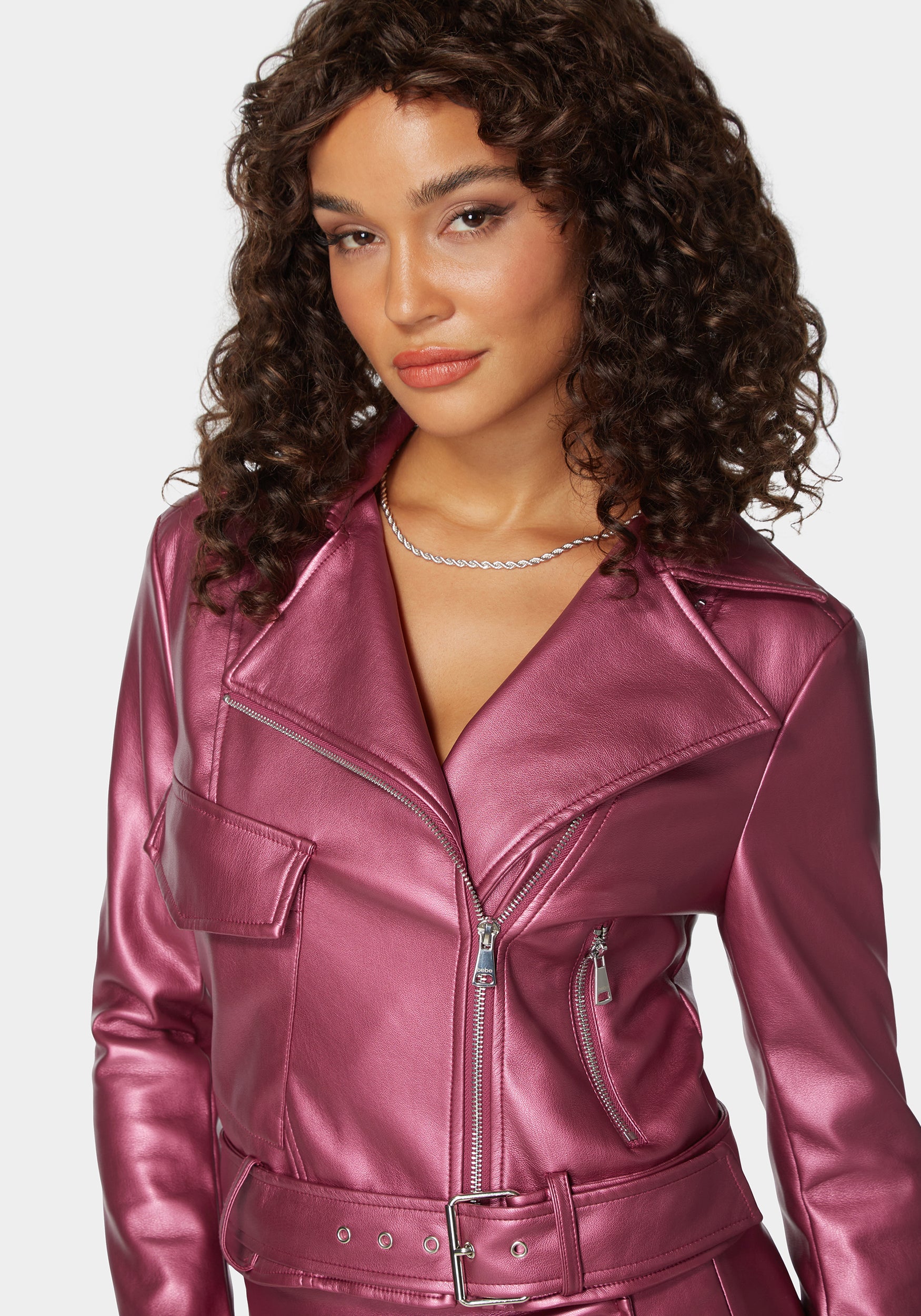Metallic Vegan Leather Zipper Detail Moto Jacket – bebe