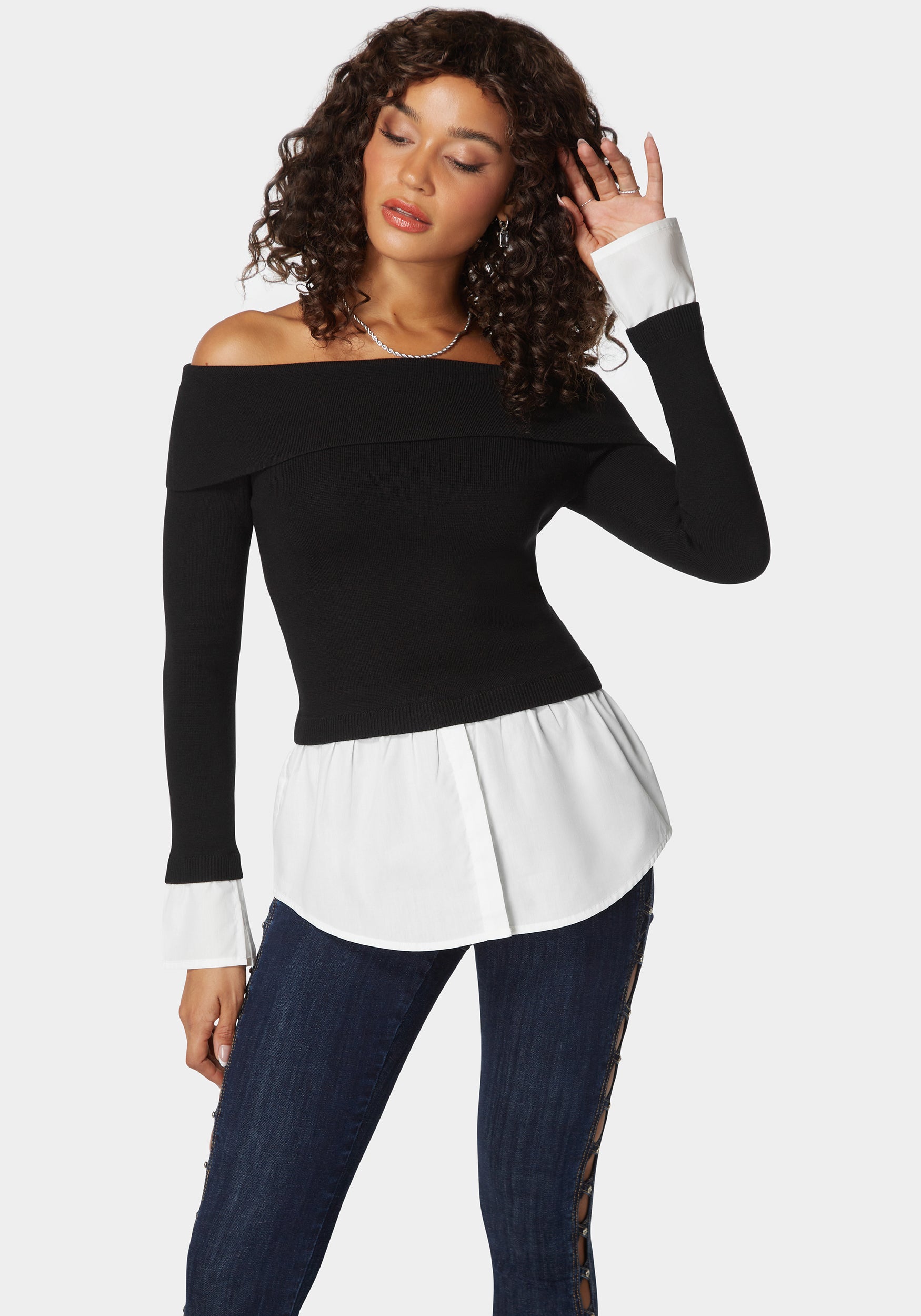 Poplin Combo Fold Over Off Shoulder Sweater Top – bebe