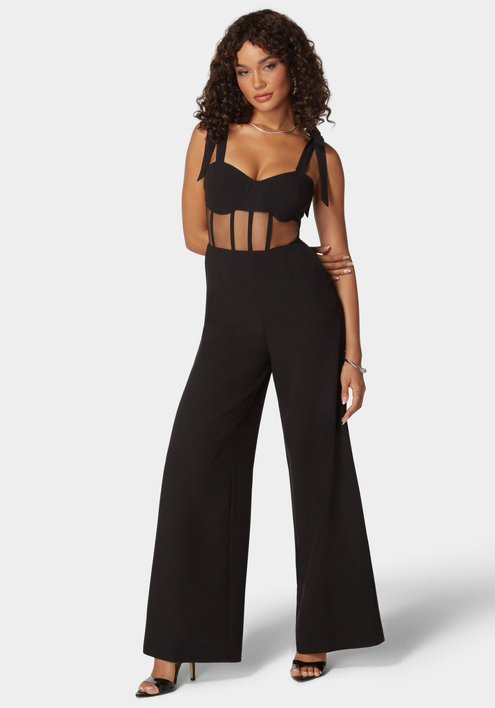 Self Tie Strap Corset Wide Leg Jumpsuit Black - bebe