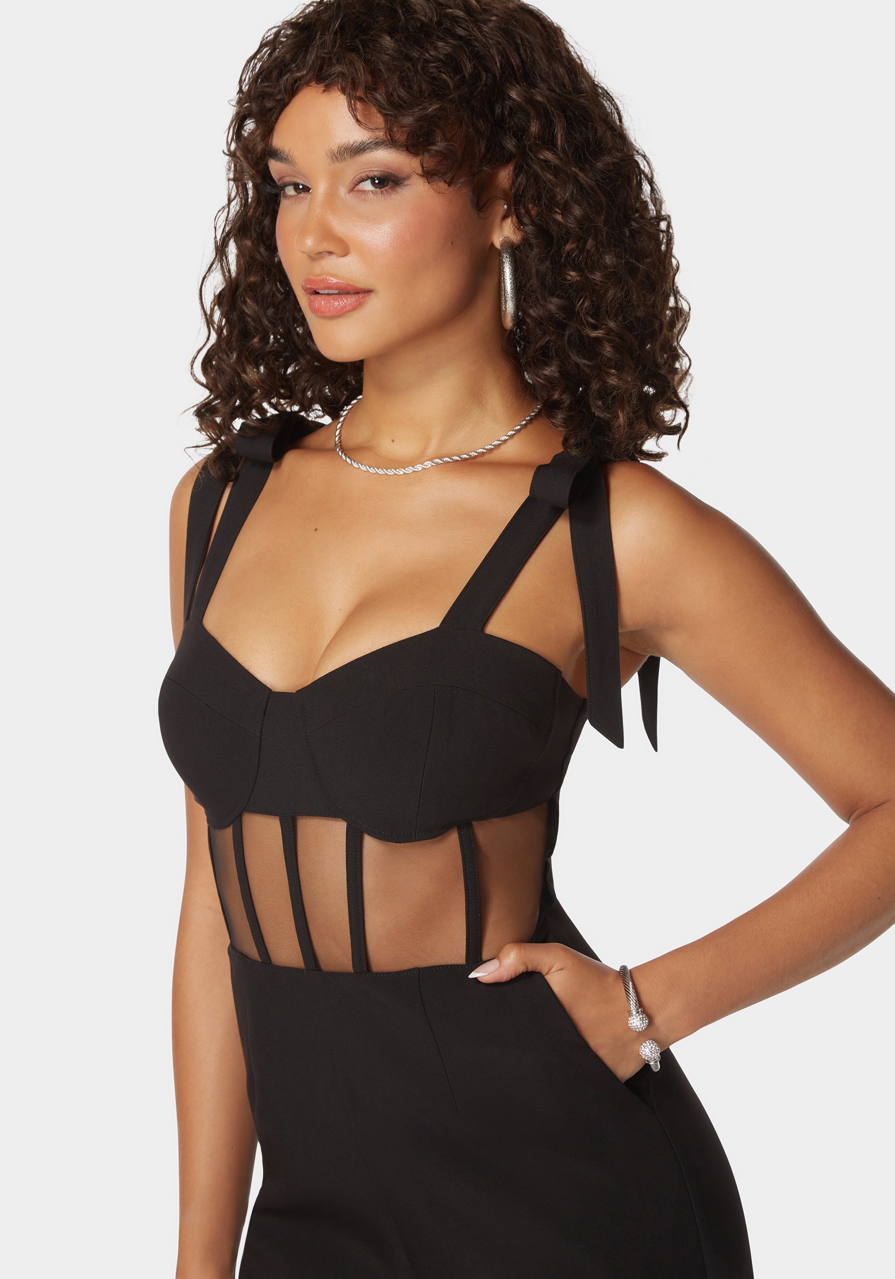 Bebe Women's Self Tie Strap Corset Wide Leg Jumpsuit, Size 12 in Black Spandex/Viscose/Nylon