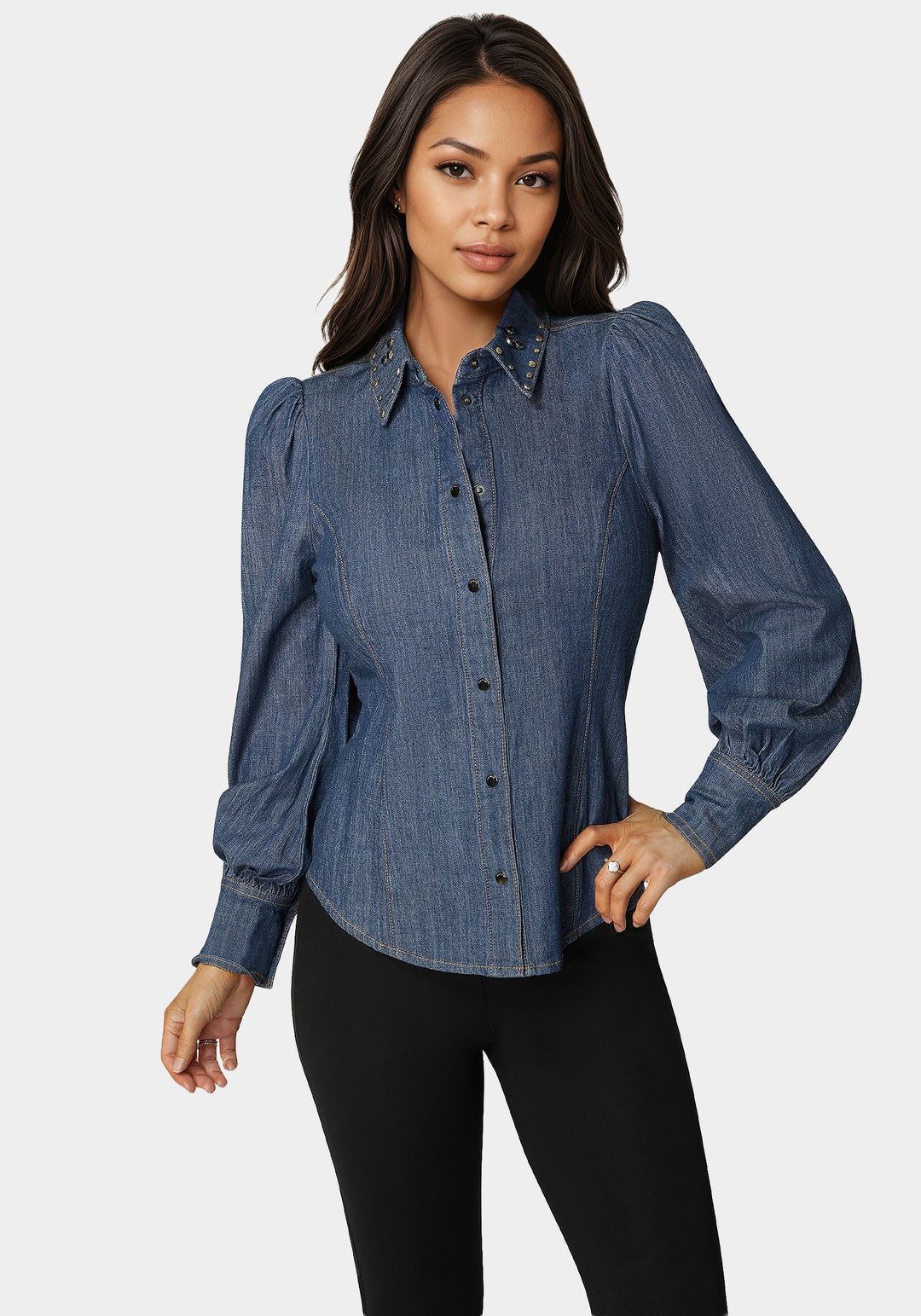 Button Front Studded Collar Denim Shirt bebe Button Front Studded Collar Denim Shirt bebe