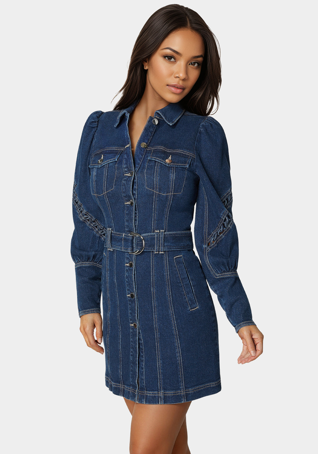 Sleeve Detail Front Button Denim Dress bebe Sleeve Detail Front Button Denim Dress bebe