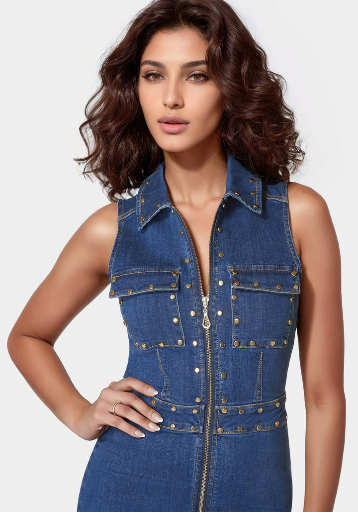 Zip Front Stud Detail Fit And Flare Denim Dress