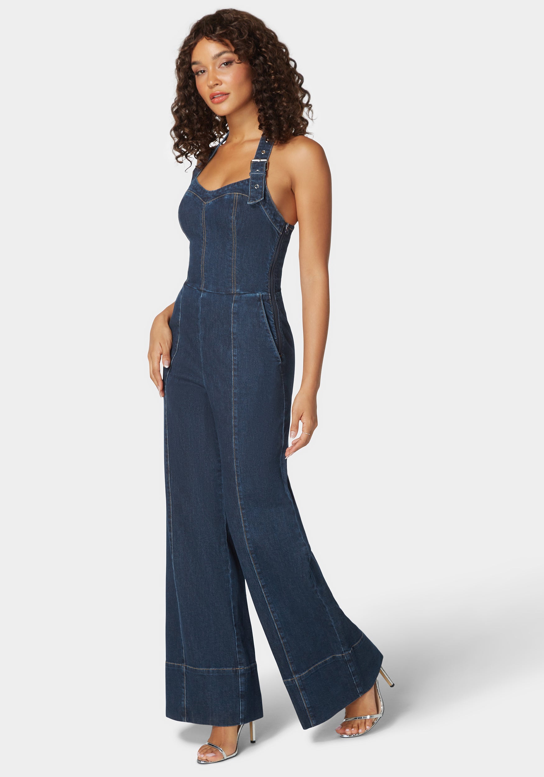 Halter Neck Buckle Detail Wide Leg Denim Jumpsuit – bebe