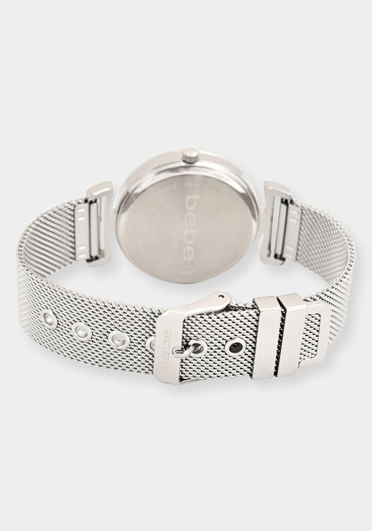 Bebe Women s Silver Mesh Strap Round Diamond Dial Watch Stainless Steel