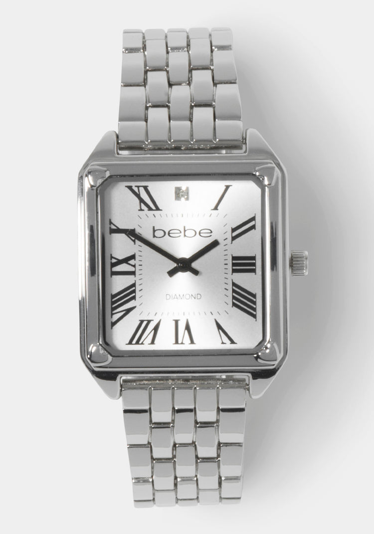 Silver Link Rectangle Bracelet Diamond Dial Watch bebe