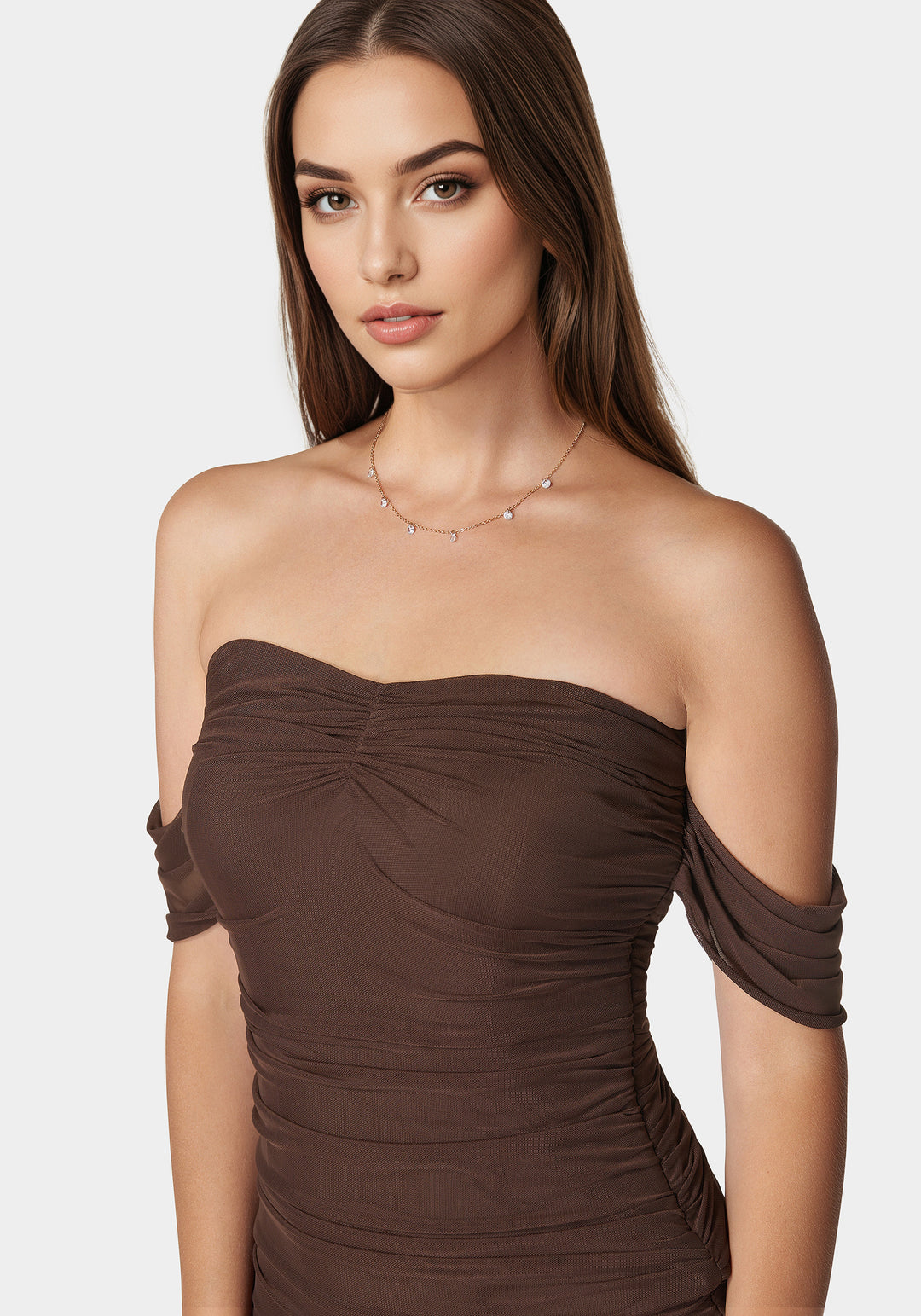 Bebe Women's Ruched Midi Dress, Size XXL in Brown Polyester/Elastane Bebe Women's Ruched Midi Dress, Size XXL in Brown Polyester/Elastane