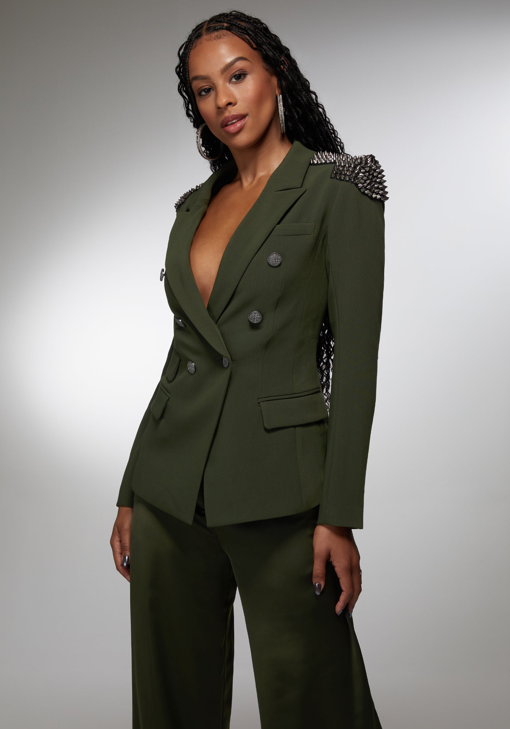 Studded Shoulder Double Breast Tailored Blazer – bebe